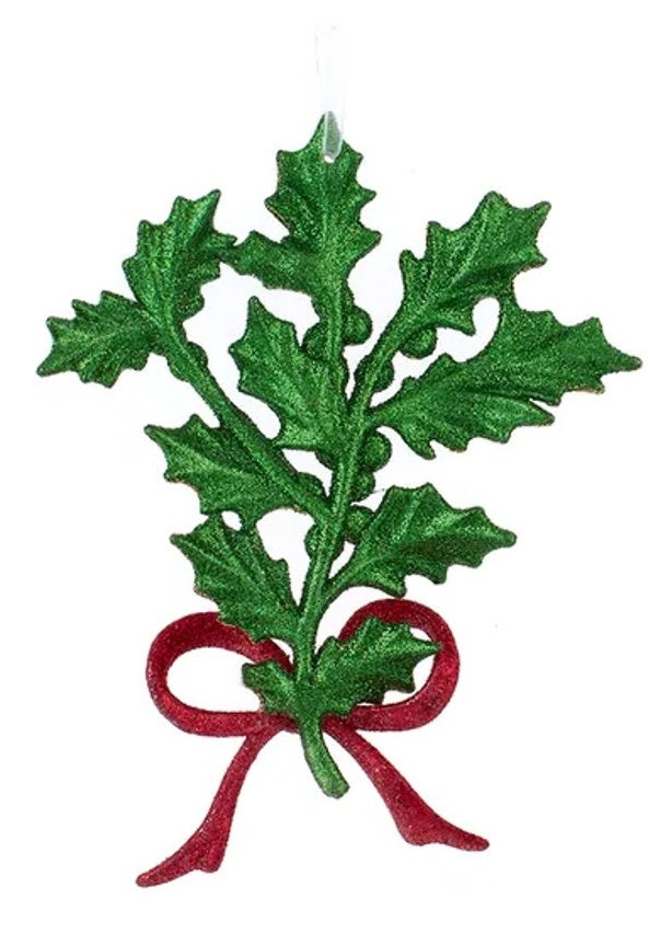 Holly leaf ornament. Sparkling green glittered holly leaf branches and berries. Accented with a vibrant red, glittered bow for added charm.