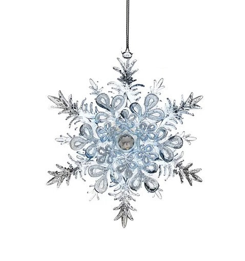 Ornaments shaped like snowflakes covered in blue and silver glitter.