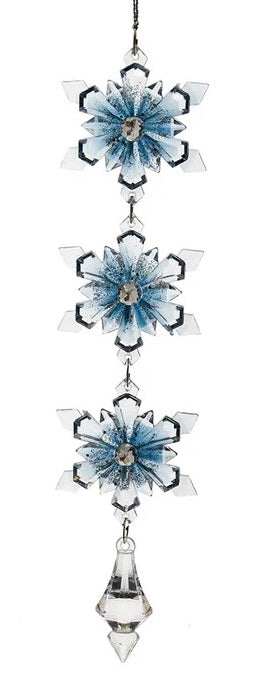 Dangling ornaments with snowflake and gemstone accents.