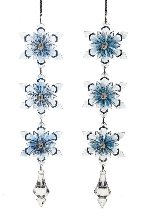 Dangling ornaments with snowflake and gemstone accents.