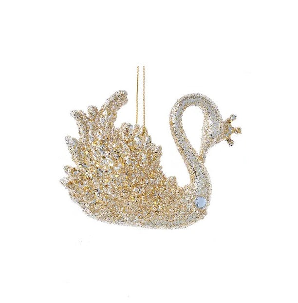 Gold glittered swan with platinum glitter accents and a clear gem.