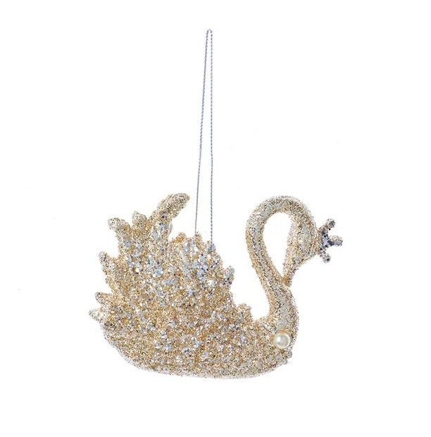 Platinum glittered swan with gold glitter accents and a pearl gem.
