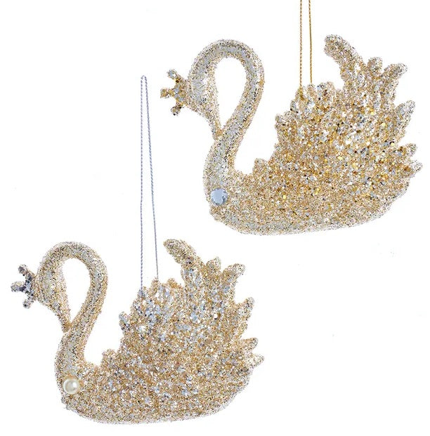 Glittered ornaments shaped like swans. This picture shows both options.