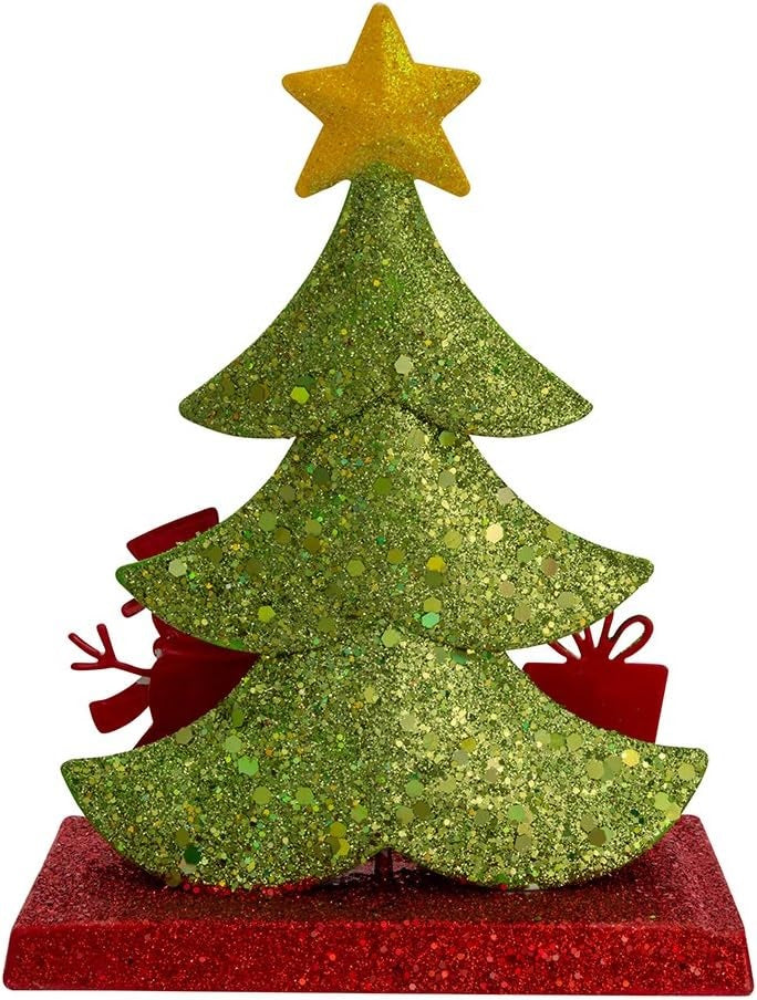 Stocking hanger covered in glitter. Designed to look like a light green tree with a yellow star on top. Next to the tree are two presents and a snowman wearing a top hat and a red scarf. The base of the holder is covered in red glitter.