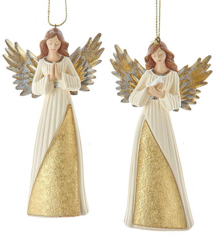 Angel-shaped ornament. One angel is praying. One angel is holding a dove. Both angels feature gold gowns and gold wings with silver accents.