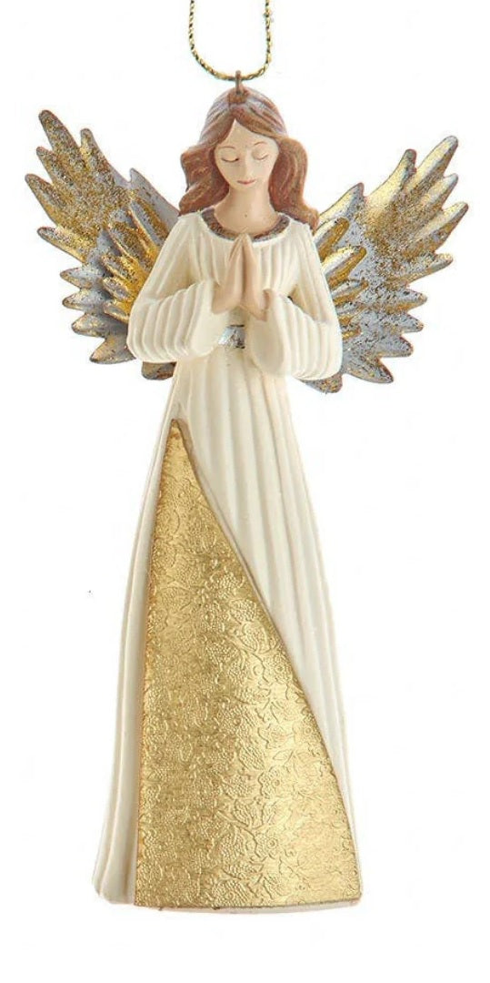 Angel-shaped ornament. One angel is praying. One angel is holding a dove. Both angels feature gold gowns and gold wings with silver accents.