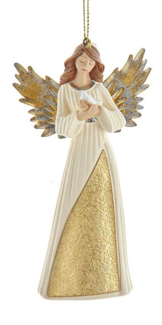 Angel-shaped ornament. One angel is praying. One angel is holding a dove. Both angels feature gold gowns and gold wings with silver accents.