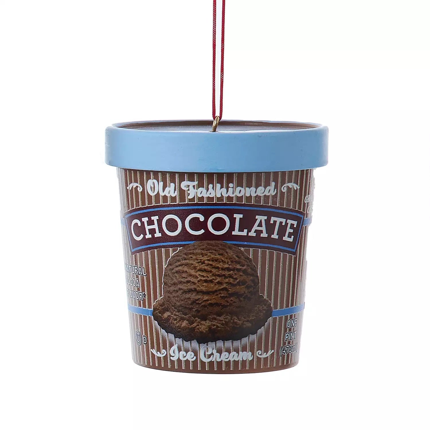 Ornaments shaped like a pint of ice cream. There are 5 options: Cookies & Cream, Strawberry, Chocolate, Vanilla or Mint Chocolate Chip. Each ornament features intricate details with a lifelike appearance, from the labels on the pint containers to the swirls of ice cream.