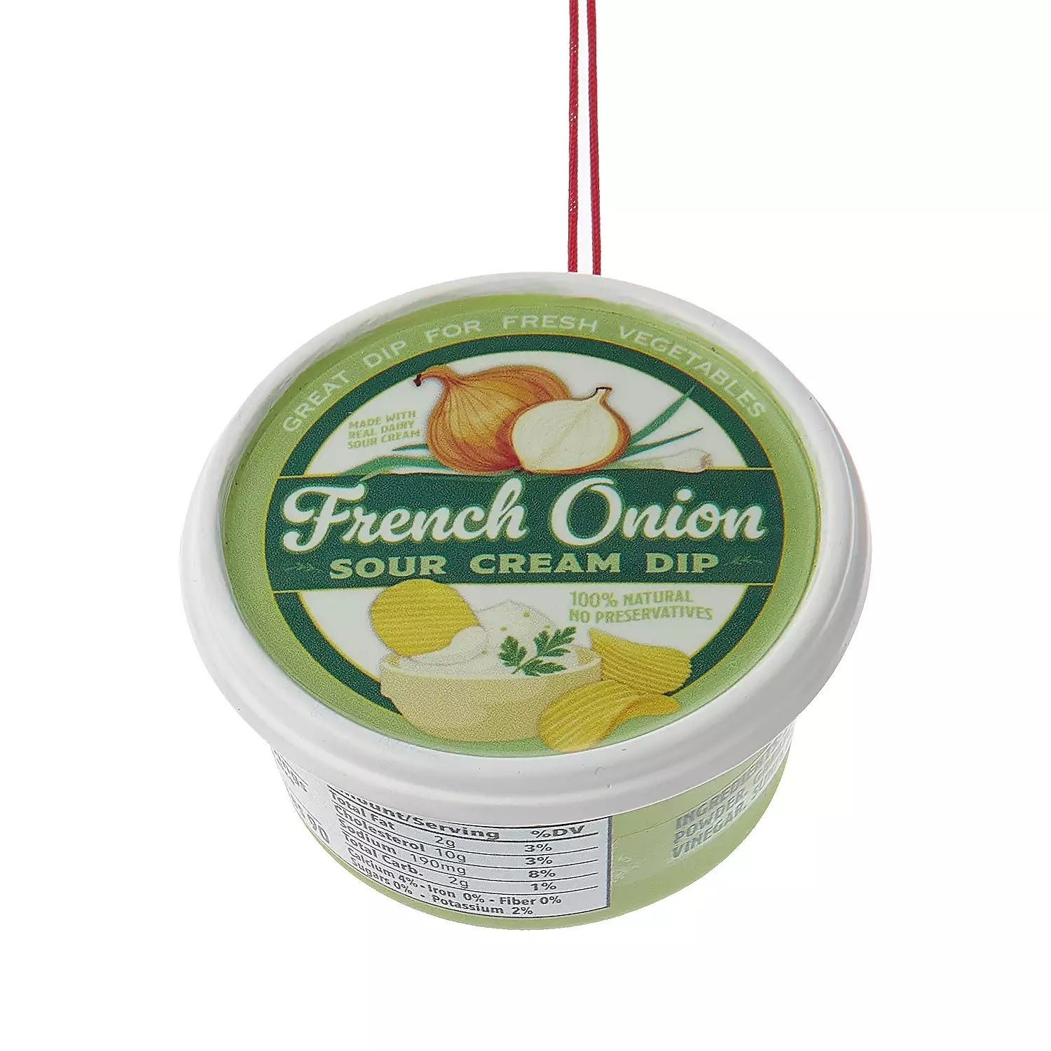Plastic ornaments shaped like different party dips. One is a red container that reads "Classic Hummus." One is a green container that reads "French Onion Sour Cream Dip." One is a blue container that reads "Cream Cheese Spread."
