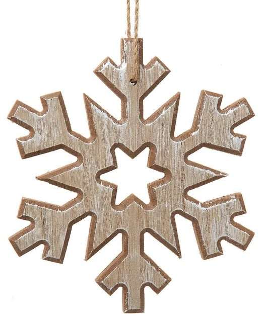 Wooden ornament shaped like a snowflake.