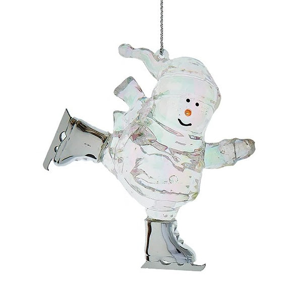 Opalescent snowman ornaments. This snowman is wearing winter clothes and is ice skating.