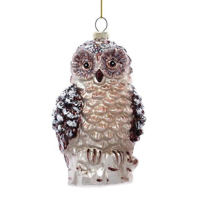 Painted glass ornament designed to look like a brown owl.