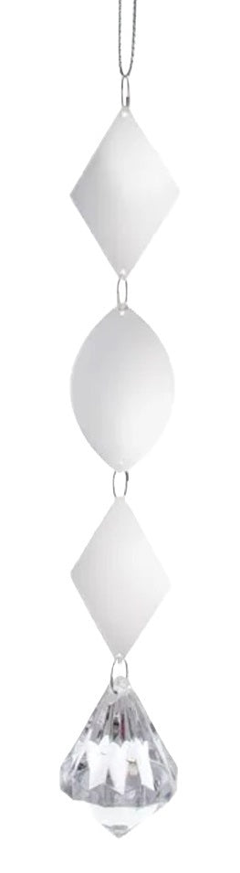 Silver and white dangling ornament. Features a diamond shaped bead, an oval shaped bead, another diamond shaped bead and a diamond shaped diamond.