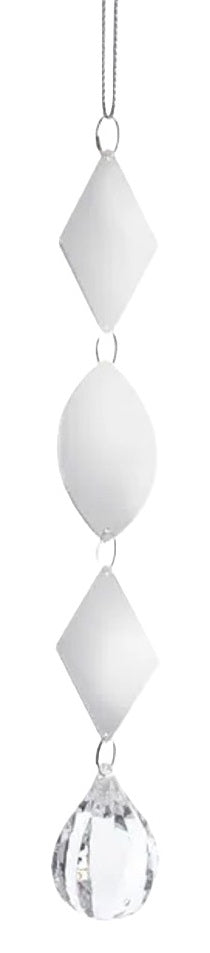 Silver and white dangling ornament. Features a diamond shaped bead, an oval shaped bead, another diamond shaped bead and a tear drop shaped diamond.