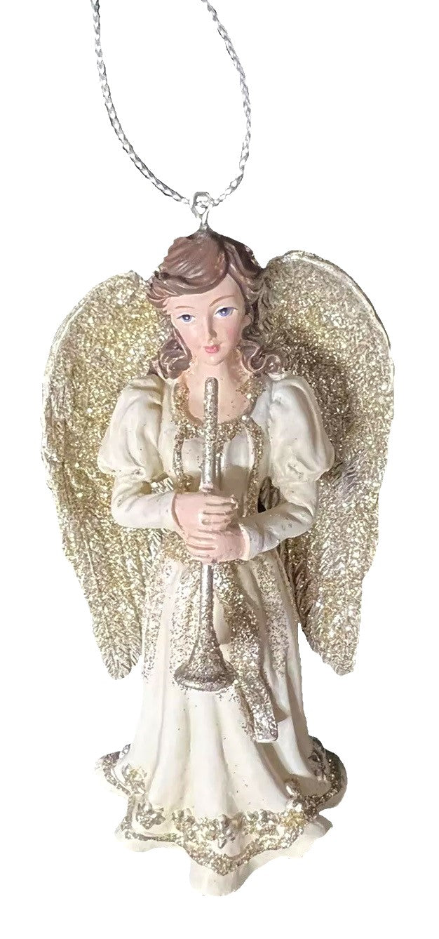 Ornament shaped like an angel holding a musical instrument. One angel is blond and holding a harp. One angel is brunette and holding a trumpet. One angel is a redhead and holding a mandolin.
