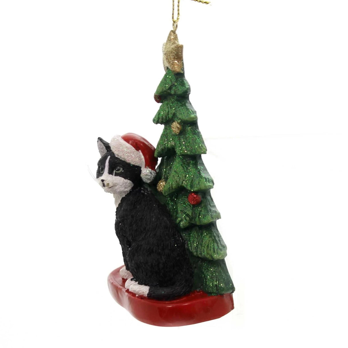 Ornaments shaped like a cat in front of a tree. One ornament features a black and white cat. One ornament features an orange and white cat. One ornament features a light gray and dark gray cat. One ornament features a white cat. All the cats are wearing Santa hats.
