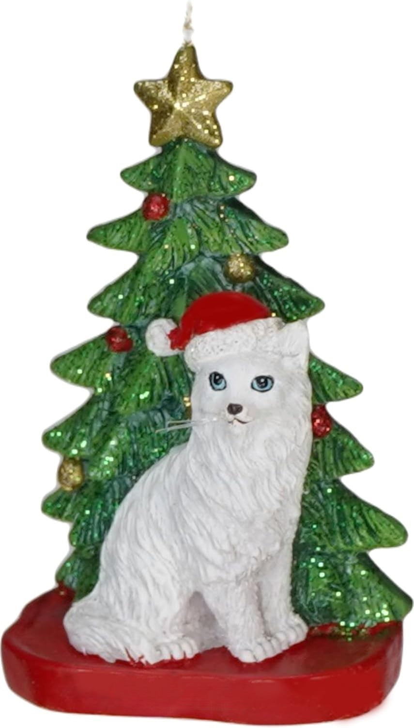 Ornaments shaped like a cat in front of a tree. One ornament features a black and white cat. One ornament features an orange and white cat. One ornament features a light gray and dark gray cat. One ornament features a white cat. All the cats are wearing Santa hats.
