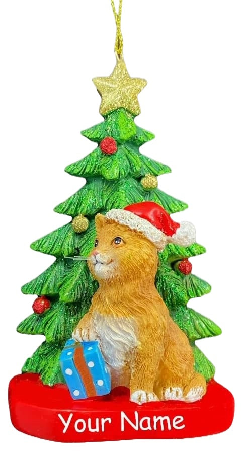 Ornaments shaped like a cat in front of a tree. One ornament features a black and white cat. One ornament features an orange and white cat. One ornament features a light gray and dark gray cat. One ornament features a white cat. All the cats are wearing Santa hats.