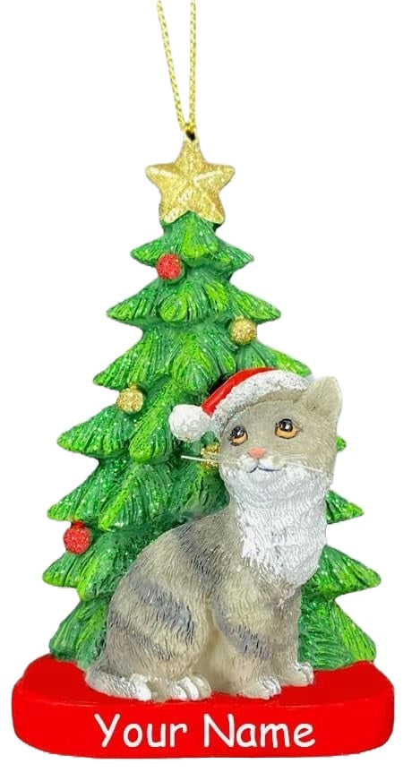 Ornaments shaped like a cat in front of a tree. One ornament features a black and white cat. One ornament features an orange and white cat. One ornament features a light gray and dark gray cat. One ornament features a white cat. All the cats are wearing Santa hats.