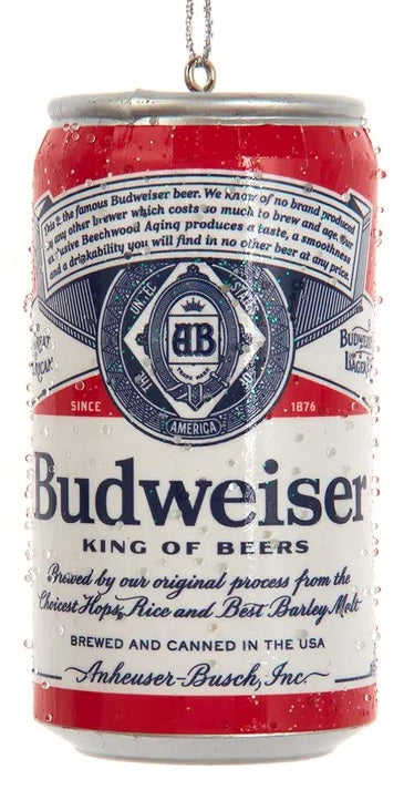 Ornament shaped like a can of Budweiser beer.