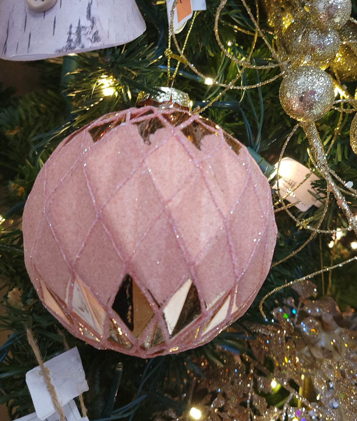 4" Blush Pink Velvet Quilted Diamond Glass Ball Ornament