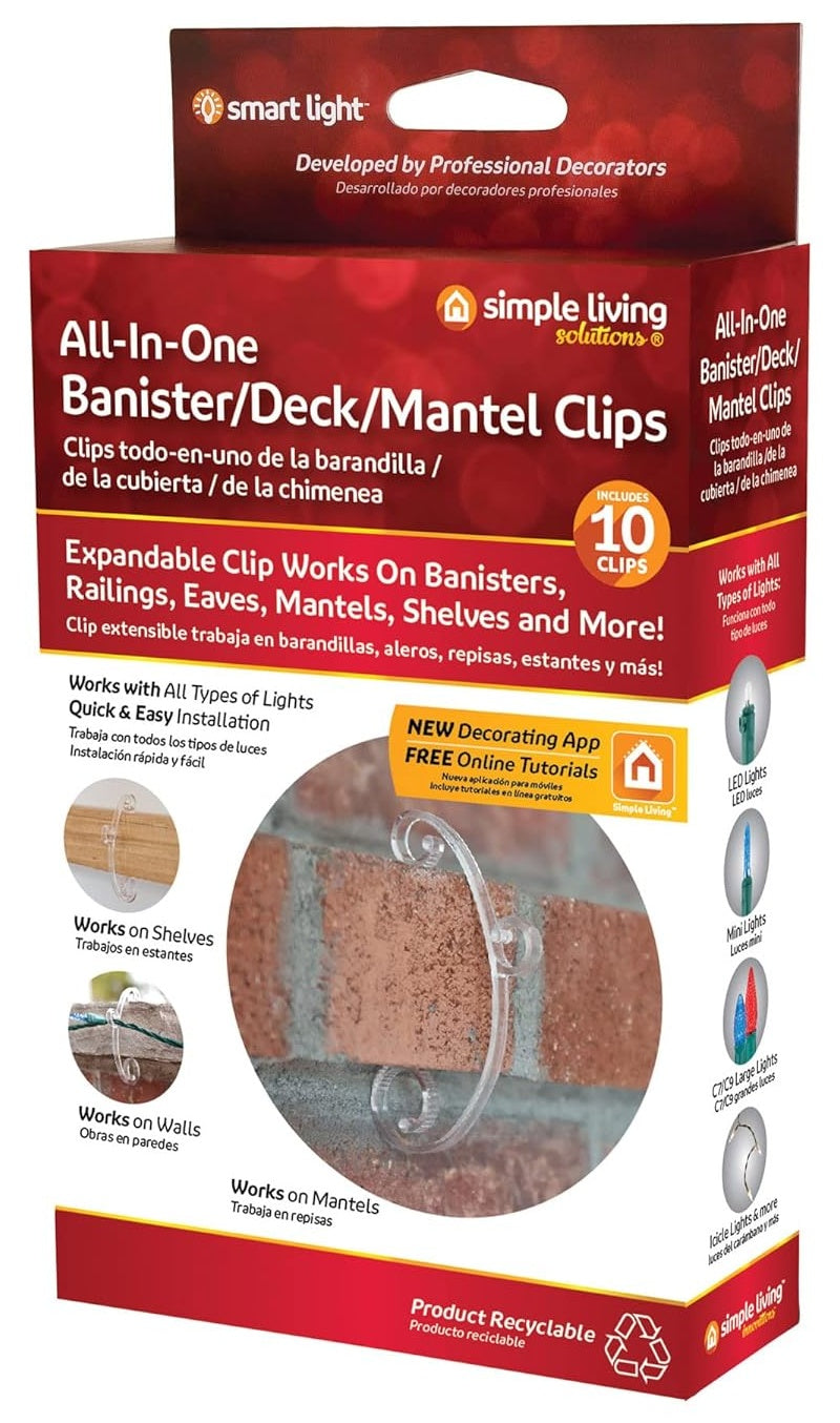 This image shows the packaging that these clips come in. It reads "All-In-One Banister/Deck/Mantel Clips. Expandable clip works on banisters, railings, eaves, mantels, shelves and more! Works with all types of lights. Quick and easy installation. New decorating app with free online tutorials. Works on shelves, works on walls, works on mantels."