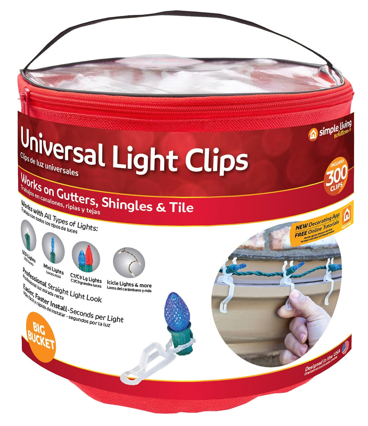 Polyester bucket filled with 300 universal light clips.