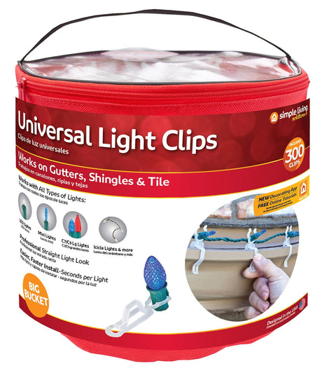 Polyester bucket filled with 300 universal light clips.