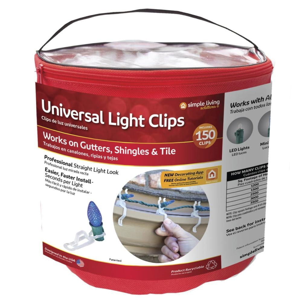 This image shows the red polyester bucket that these clips come in. It reads "Universal Light Clips. Comes with 150 clips. Works on gutters, shingles and tile. Professional straight light look. Easier, faster install - seconds per light. New decorating app and free online tutorials."