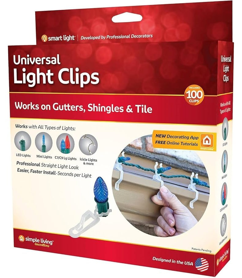 This image shows the packaging that these clips come in. It reads "Universal Light Clips. Works on gutters, shingles and tile. Works with all types of lights: LED, mini, C7/C9, icicle lights and more. Professional straight light look. Easier, faster install - seconds per light. Comes with 100 clips. New decorating app and free online tutorials."