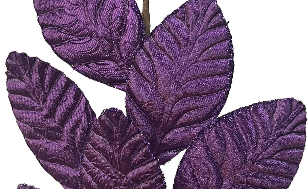 Purple velvet leaf pick spray with glitter along the edges.