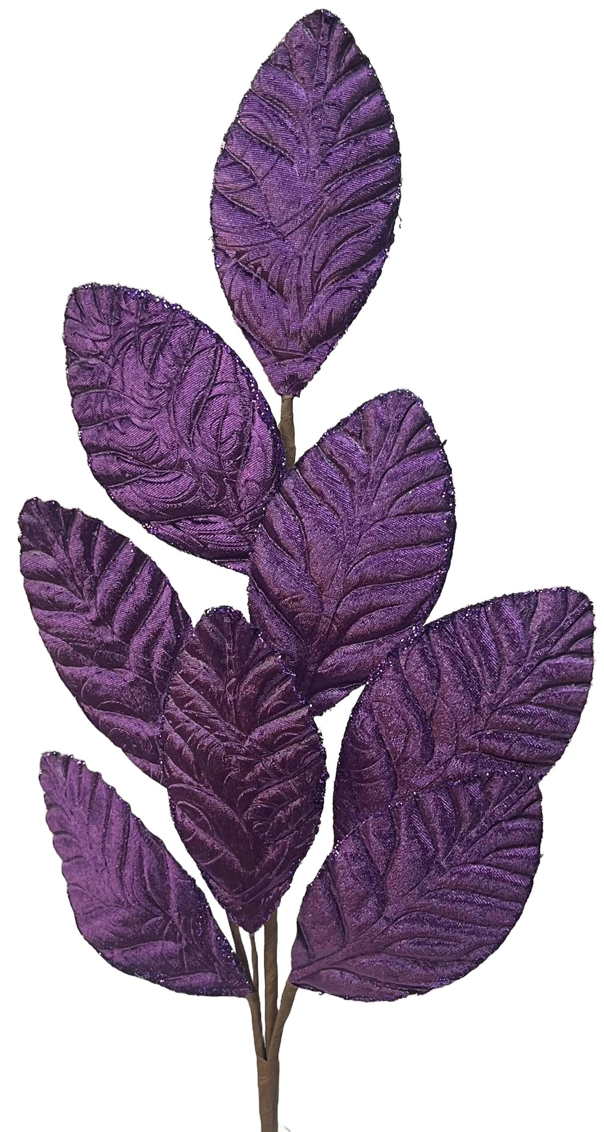 Purple velvet leaf pick spray with glitter along the edges.
