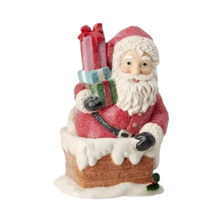 Santa Claus figurine Christmas Ornament. One ornament features Santa in a sleigh. One ornament features Santa in a chimney.
