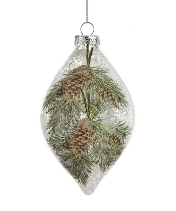 Glass ornament featuring pine cones and pine needles. Each ornament is decorated to appear covered in frost. One is finial-shaped and the other is bauble-shaped.