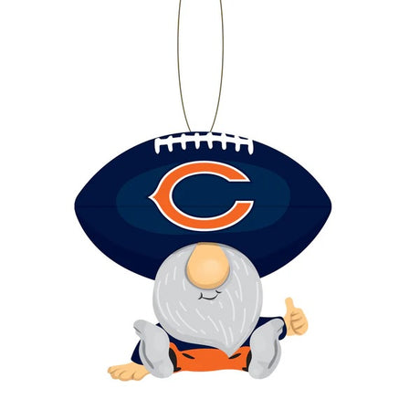 Officially licensed Chicago Bears ornament shaped like a gnome. There are two options. One gnome is wearing a blue Bears football as a hat and giving a thumbs up. One gnome is wearing a blue Bears foam finger as a hat and is waving a flag.