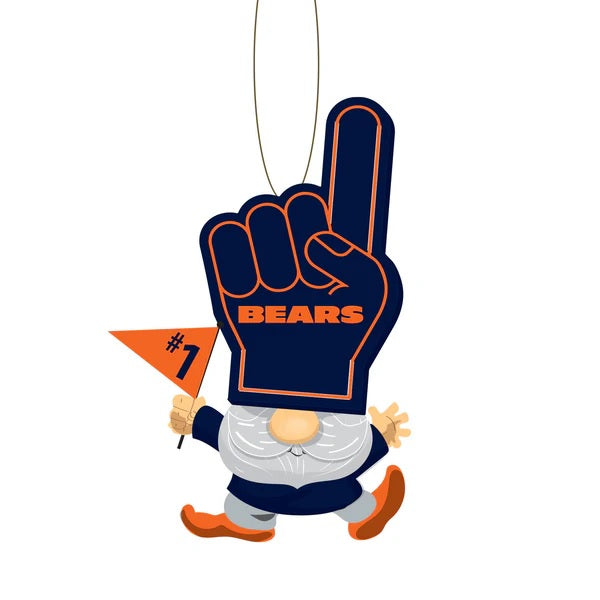 Officially licensed Chicago Bears ornament shaped like a gnome. There are two options. One gnome is wearing a blue Bears football as a hat and giving a thumbs up. One gnome is wearing a blue Bears foam finger as a hat and is waving a flag.
