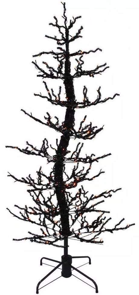 Black Halloween tree with color changing lights. The colors change from orange to purple.