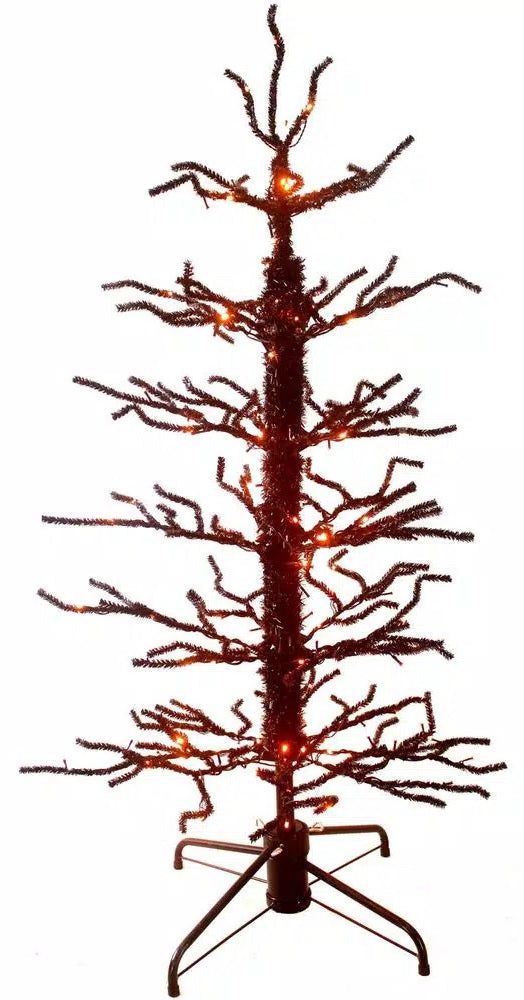 Black Halloween tree with orange lights.
