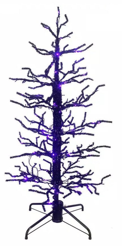 Black Halloween tree with purple lights.