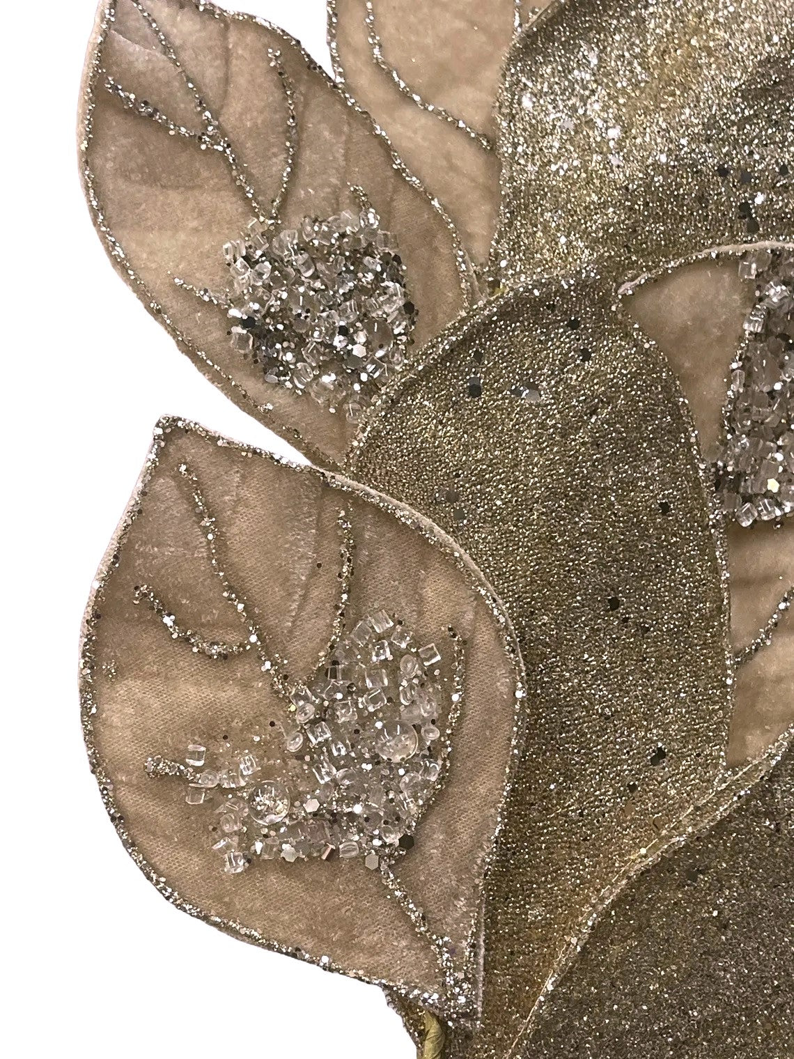 Champagne velvet shaped like a stem with leaves. Decorated with glitter. Perfect for decorating a tree, wreath or vase.