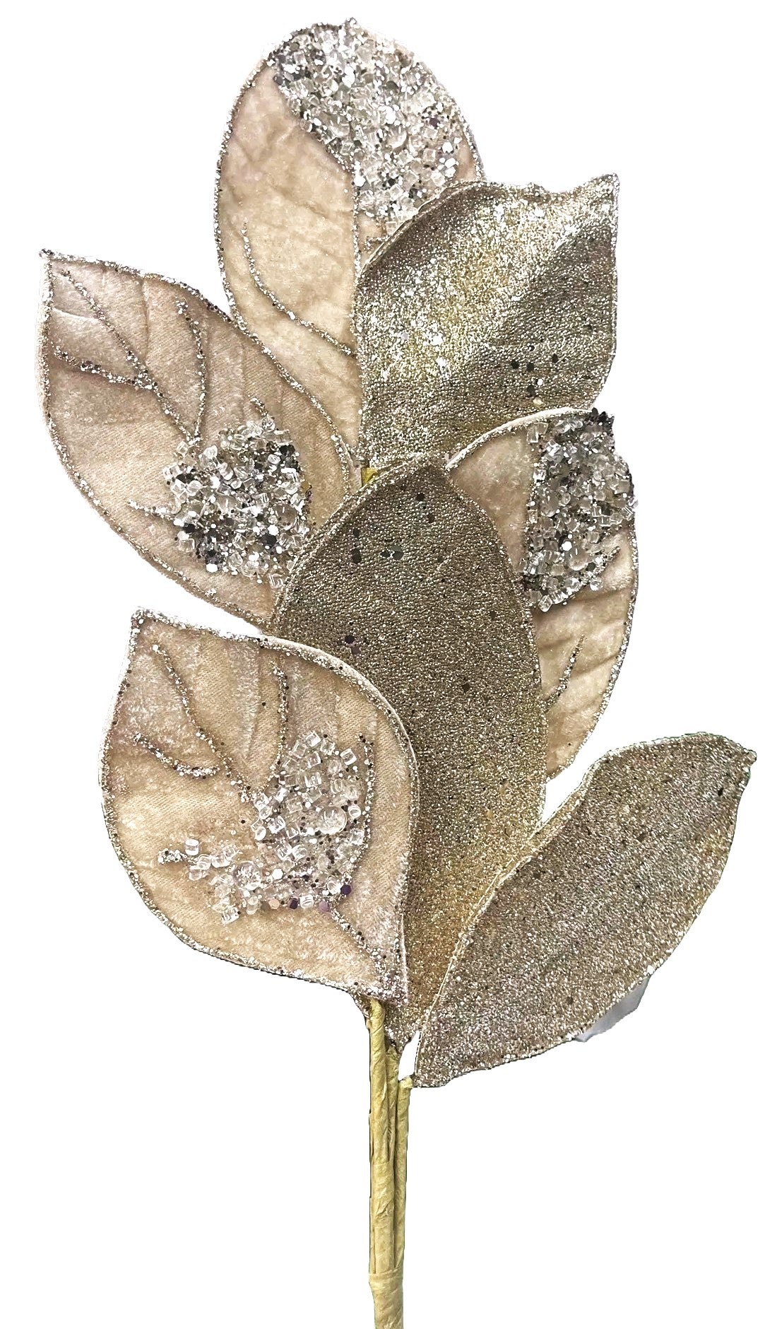 Champagne velvet shaped like a stem with leaves. Decorated with glitter. Perfect for decorating a tree, wreath or vase.