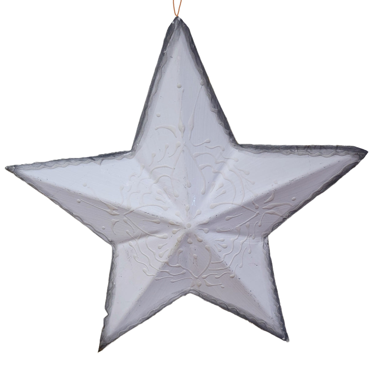 This image shows the star-shaped ornament on a white background. The star's edges are colored gray and the inside is white. There are unique textural patterns in the center.