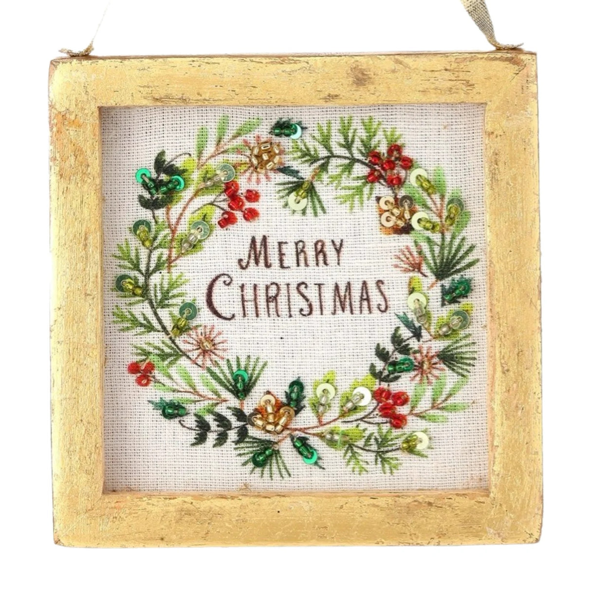 Framed ornament with an embroidered Christmas message in each. One ornament features a wreath with berries made of sequins and embroidery. One ornament features a sleigh full of presents made of beads, sequins and embroidery.
