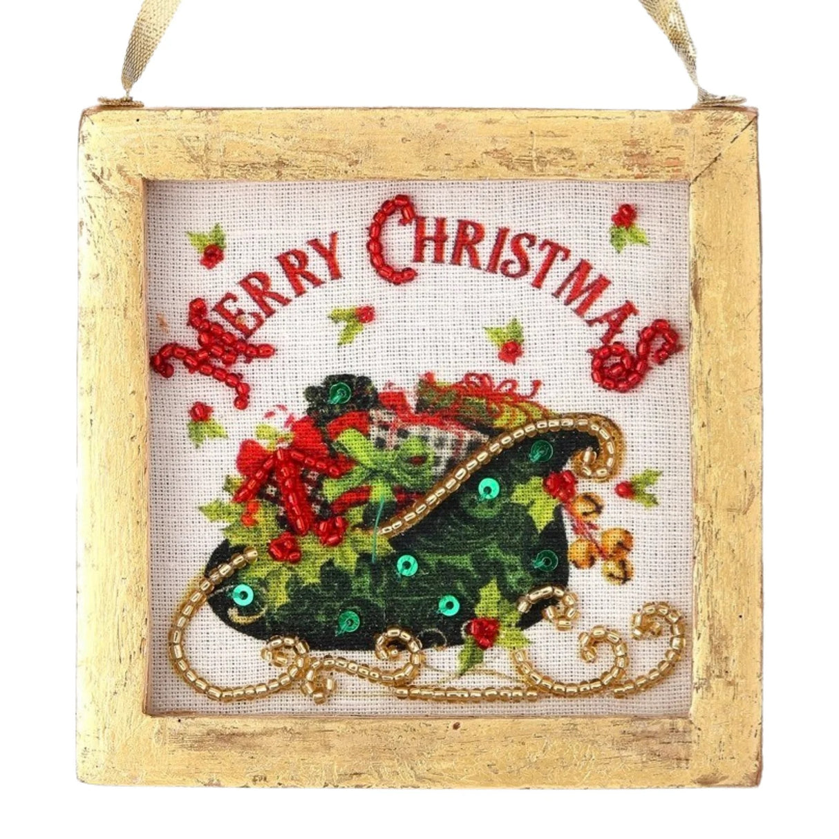 Framed ornament with an embroidered Christmas message in each. One ornament features a wreath with berries made of sequins and embroidery. One ornament features a sleigh full of presents made of beads, sequins and embroidery.