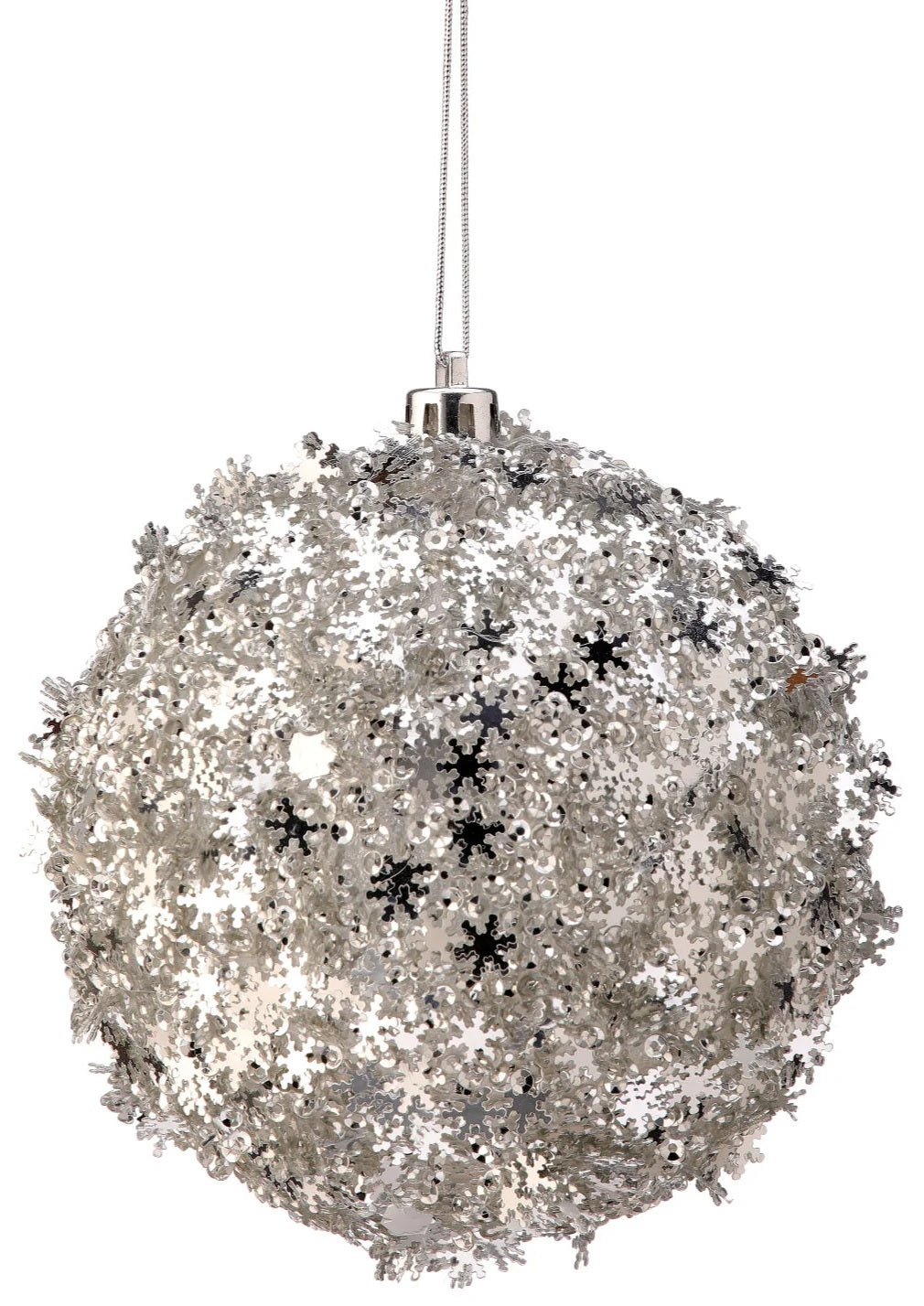 Round ornament covered in silver sequins shaped like snowflakes.