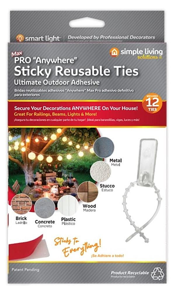 This image shows the packaging that these ties come in. It reads "MAX Pro Anywhere Sticky Reusable Ties. Ultimate outdoor adhesive. Secure your decorations ANYWHERE on your house! 12 ties included. Great for railings, beams, lights and more! Can be used on metal, stucco, wood, plastic, concrete and brick. Sticks to everything!"