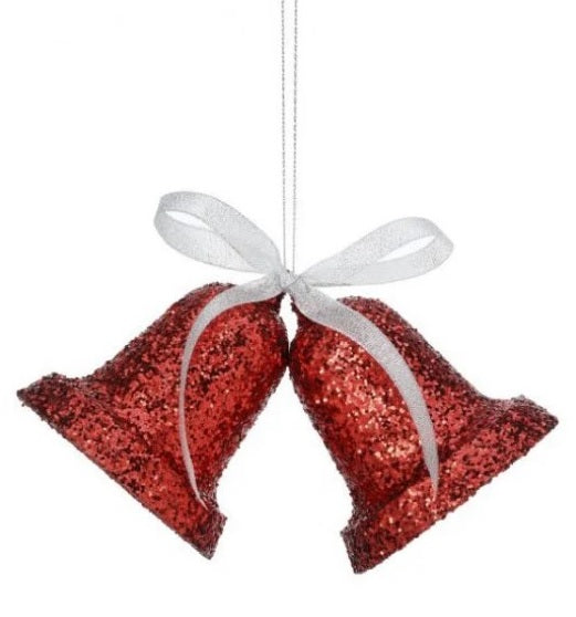 Ornament consisting of two red, glittered bells hanging from a gray string.