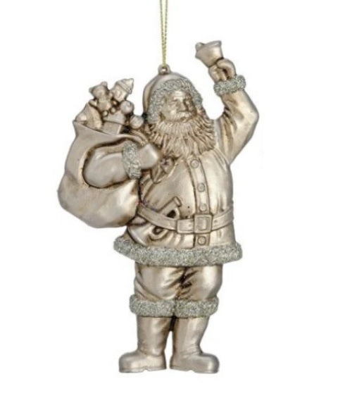Holiday ornament shaped like an Old World Santa Claus. It's made of gold plastic to look vintage. One Santa is holding a staff and one Santa is holding a bell.