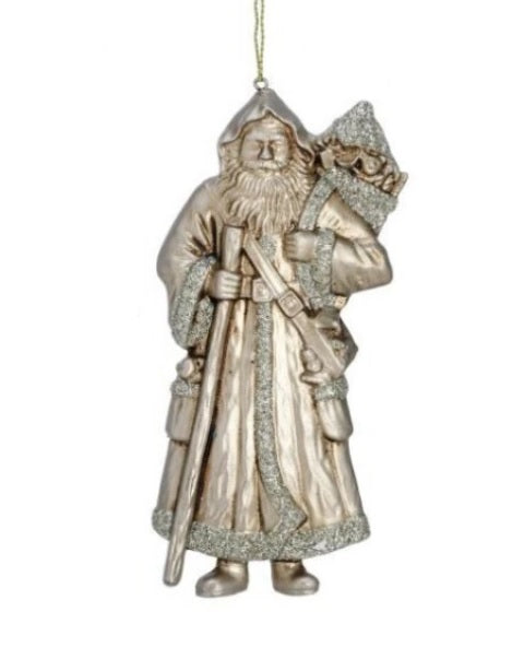 Holiday ornament shaped like an Old World Santa Claus. It's made of gold plastic to look vintage. One Santa is holding a staff and one Santa is holding a bell.