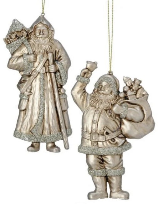 Holiday ornament shaped like an Old World Santa Claus. It's made of gold plastic to look vintage. One Santa is holding a staff and one Santa is holding a bell.